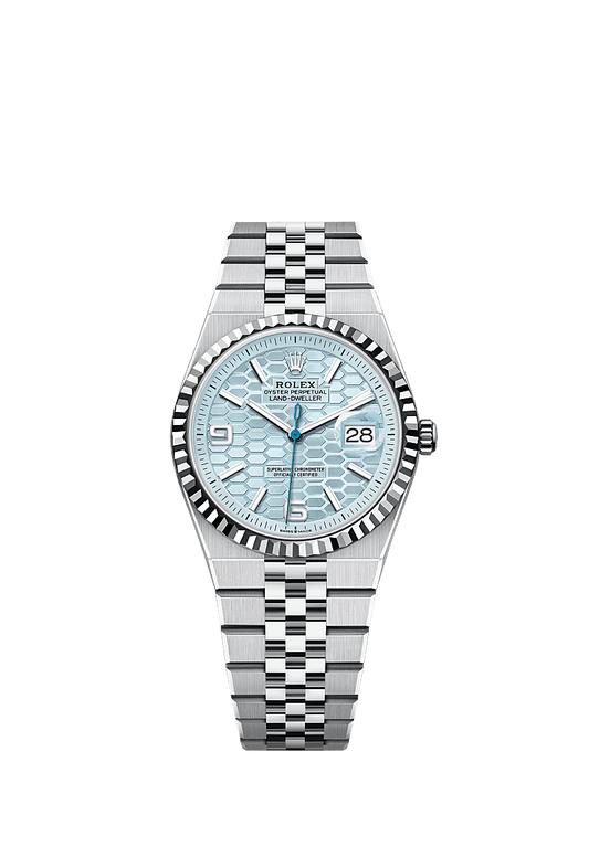 Unworn 2025, Rolex Land-Dweller 36, Platinum, Ice blue dial, Fluted Flat Jubilee, Ref# 127236-0001