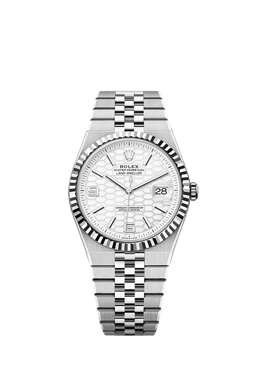 Unworn 2025, Rolex Land-Dweller 40, Oystersteel and 18k White Gold, Intense white dial, Fluted Flat Jubilee, Ref# 127334-0001
