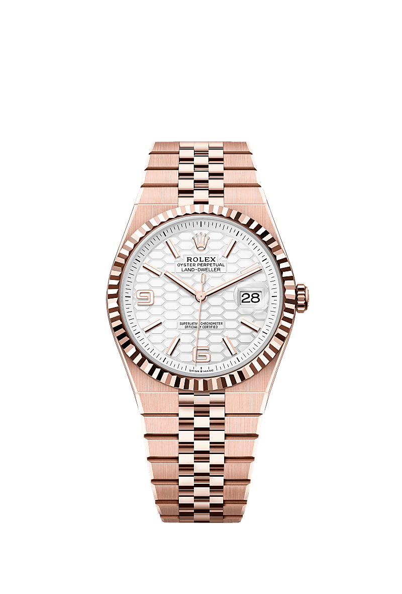 Unworn 2025, Rolex Land-Dweller 40, 18k Everose Gold, Intense white dial, Fluted Flat Jubilee, Ref# 127335-0001
