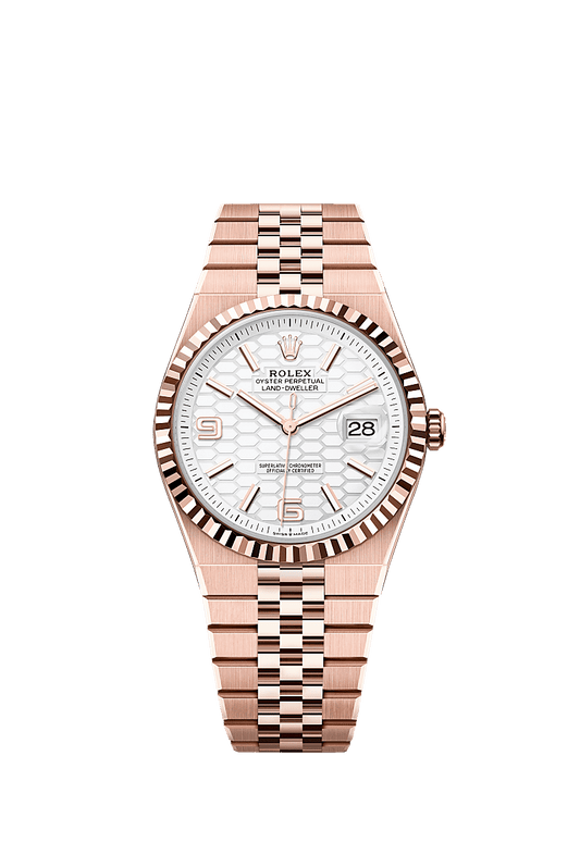 Unworn 2025, Rolex Land-Dweller 40, 18k Everose Gold, Intense white dial, Fluted Flat Jubilee, Ref# 127335-0001