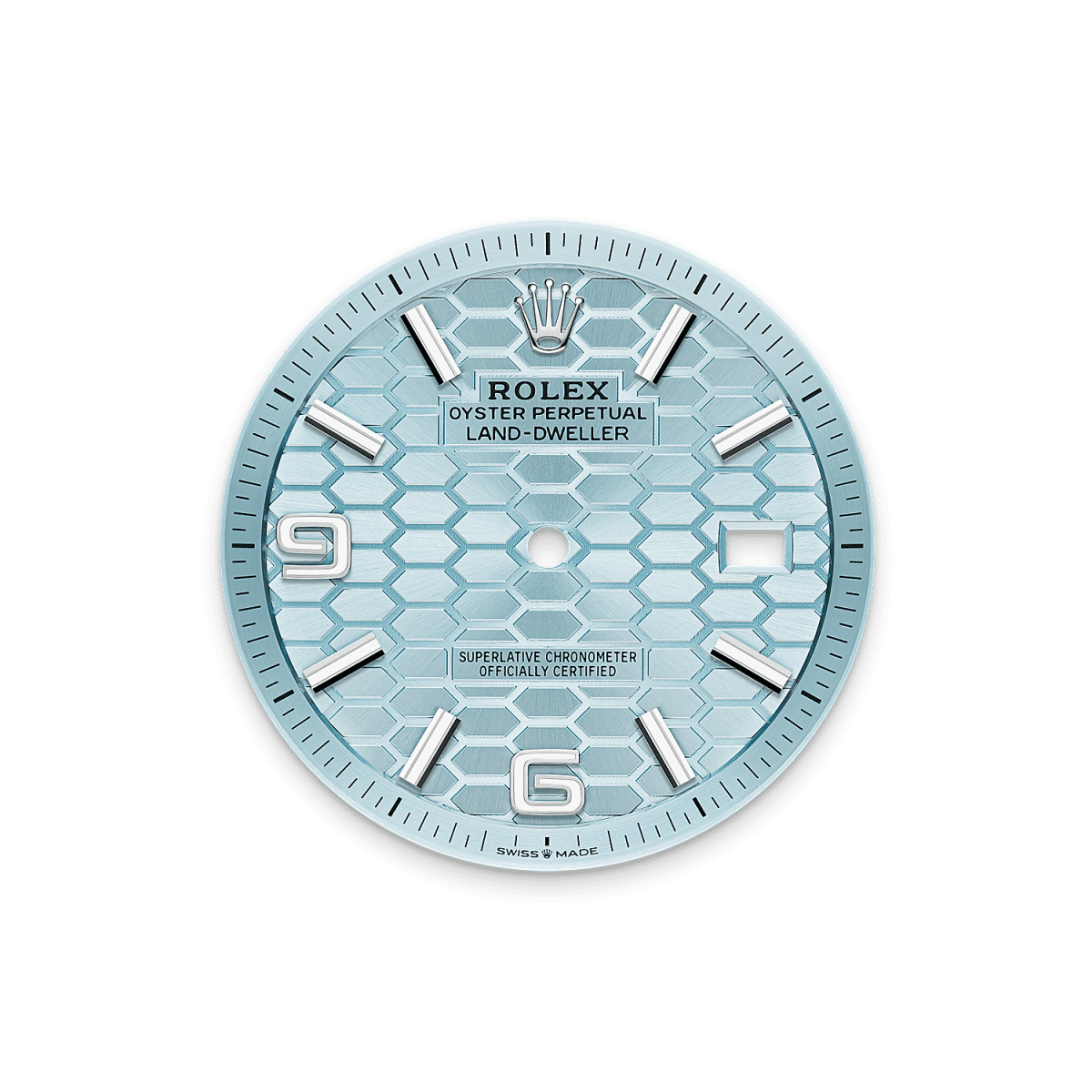 Unworn 2025, Rolex Land-Dweller 40, Platinum, Ice blue dial, Fluted Flat Jubilee, Ref# 127336-0001, Dial