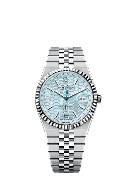 Unworn 2025, Rolex Land-Dweller 40, Platinum, Ice blue dial, Fluted Flat Jubilee, Ref# 127336-0001