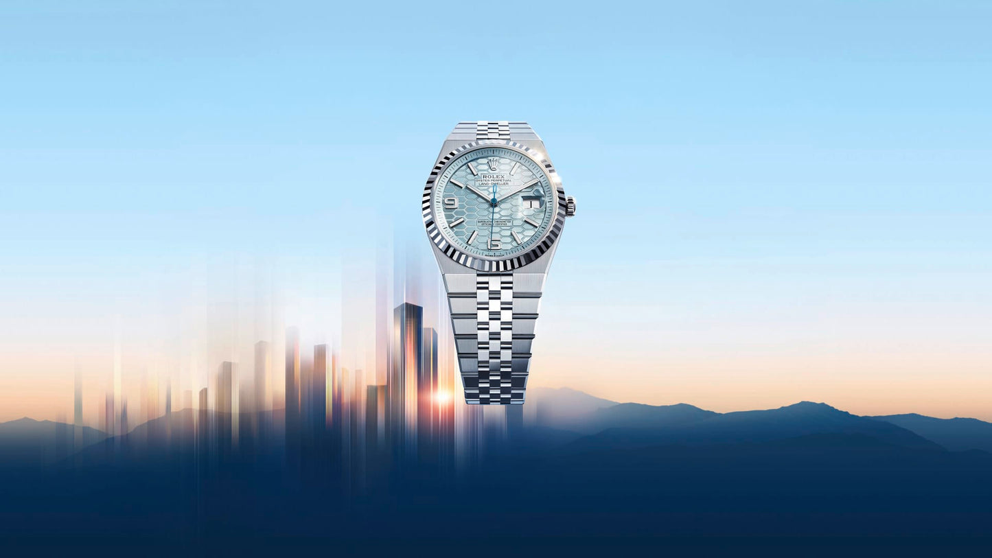 Unworn 2025, Rolex Land-Dweller 40, Platinum, Ice blue dial, Fluted Flat Jubilee, Ref# 127336-0001, Main view