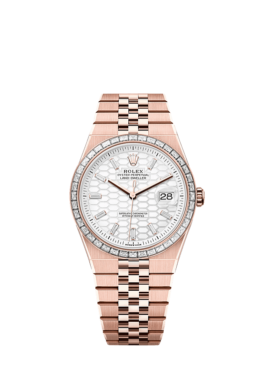 Unworn 2025, Rolex Land-Dweller 40, 18k Everose Gold and Diamonds, Intense white dial, Flat Jubilee, Ref# 127385tbr-0003