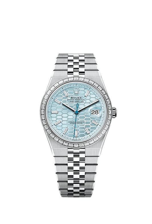 Unworn 2025, Rolex Land-Dweller 40, Platinum and Diamonds, Ice blue dial, Flat Jubilee, Ref# 127386tbr-0001