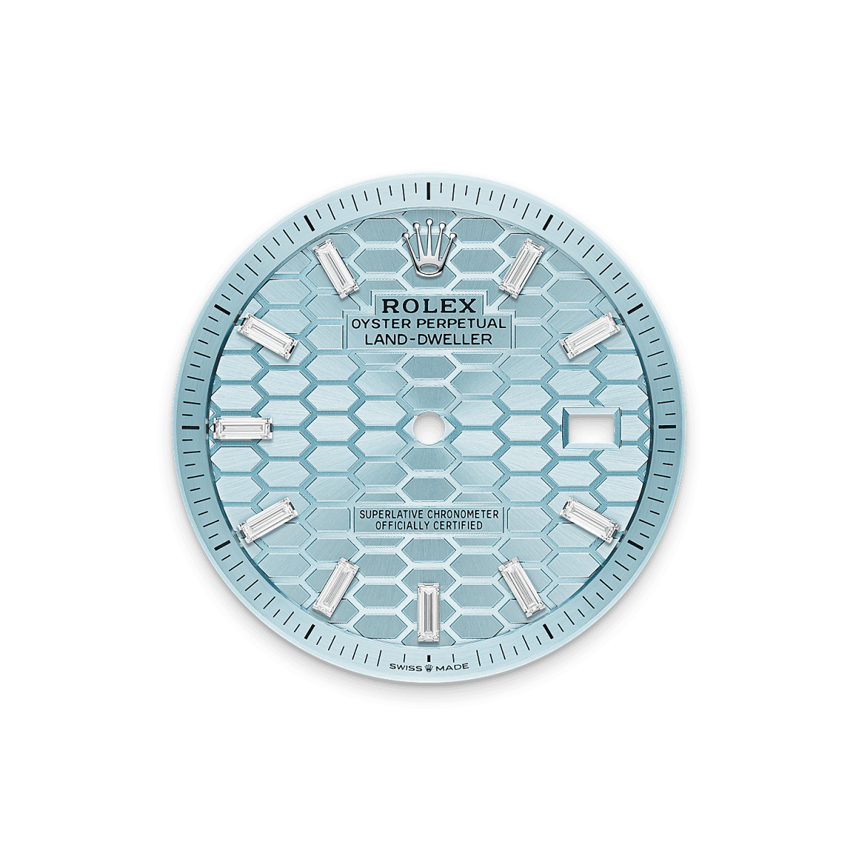 Unworn 2025, Rolex Land-Dweller 40, Platinum and Diamonds, Ice blue dial, Flat Jubilee, Ref# 127386tbr-0001, Dial