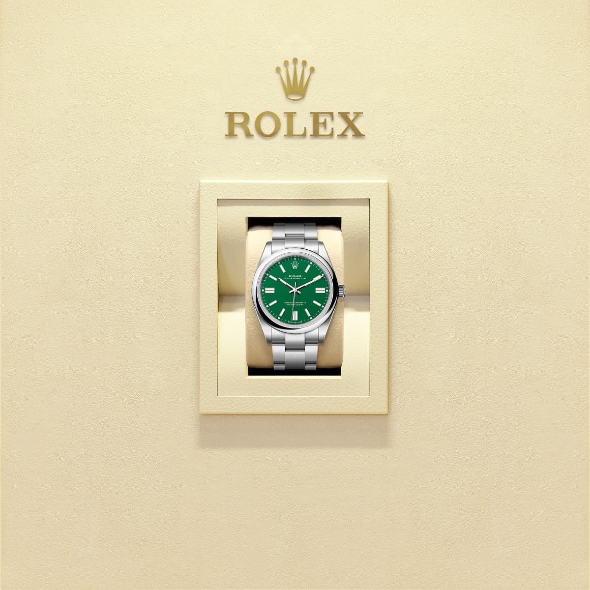 Unworn 2025, Rolex Oyster Perpetual, Oystersteel 41mm, Green dial, Domed Oyster, Ref# 134300-0004, box and papers, Watch in box