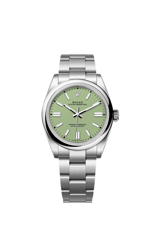 Unworn 2025, Rolex Oyster Perpetual, Oystersteel 41mm, Pistachio-green dial, Domed Oyster, Ref# 134300-0006, box and papers