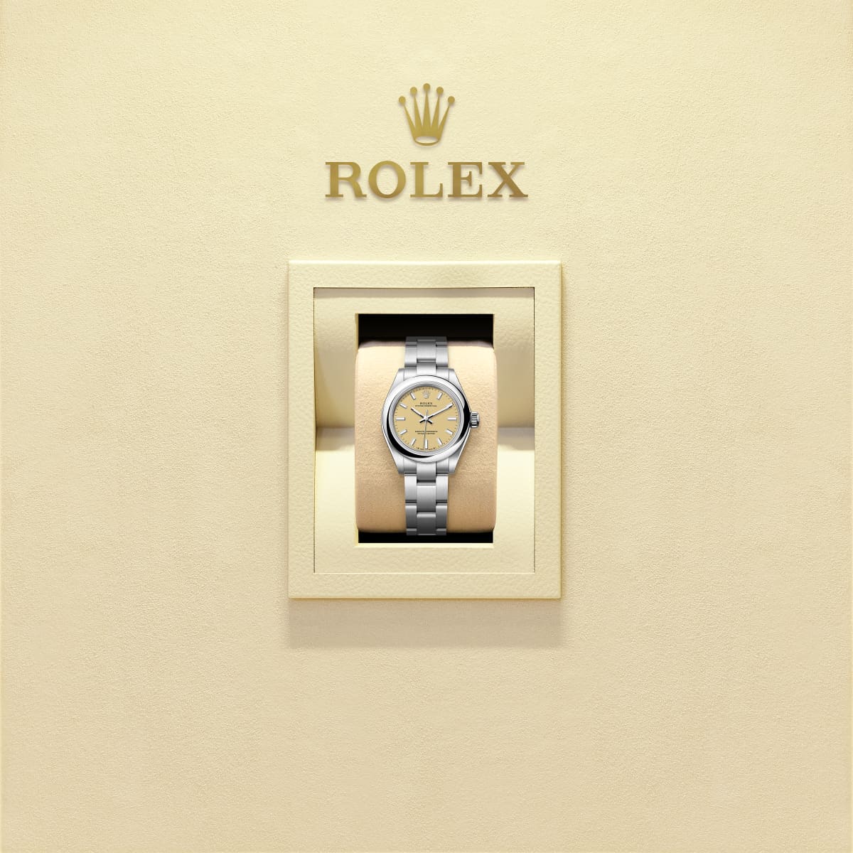 Unworn 2025, Rolex Oyster Perpetual, Oystersteel, 28mm, Beige dial, Domed Oyster, Ref# 276200-0007, box and papers, watch in box
