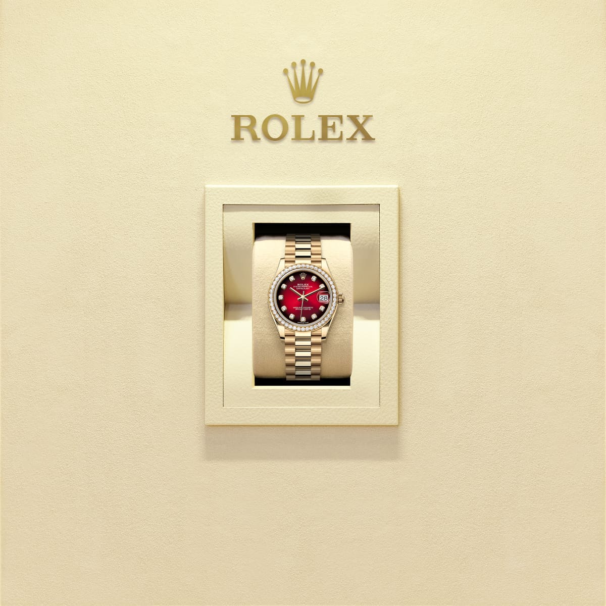 Unworn 2025, Rolex Datejust 31, 18k Yellow Gold, Diamond, Ref# 278288rbr-0041, box and papers, Watch in box