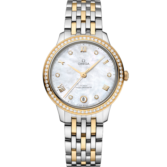 Unworn, Omega De Ville Prestige, Stainless Steel, 18k Yellow Gold and Diamond-set, 34 mm, Ref# 434.25.34.20.55.002, box and papers