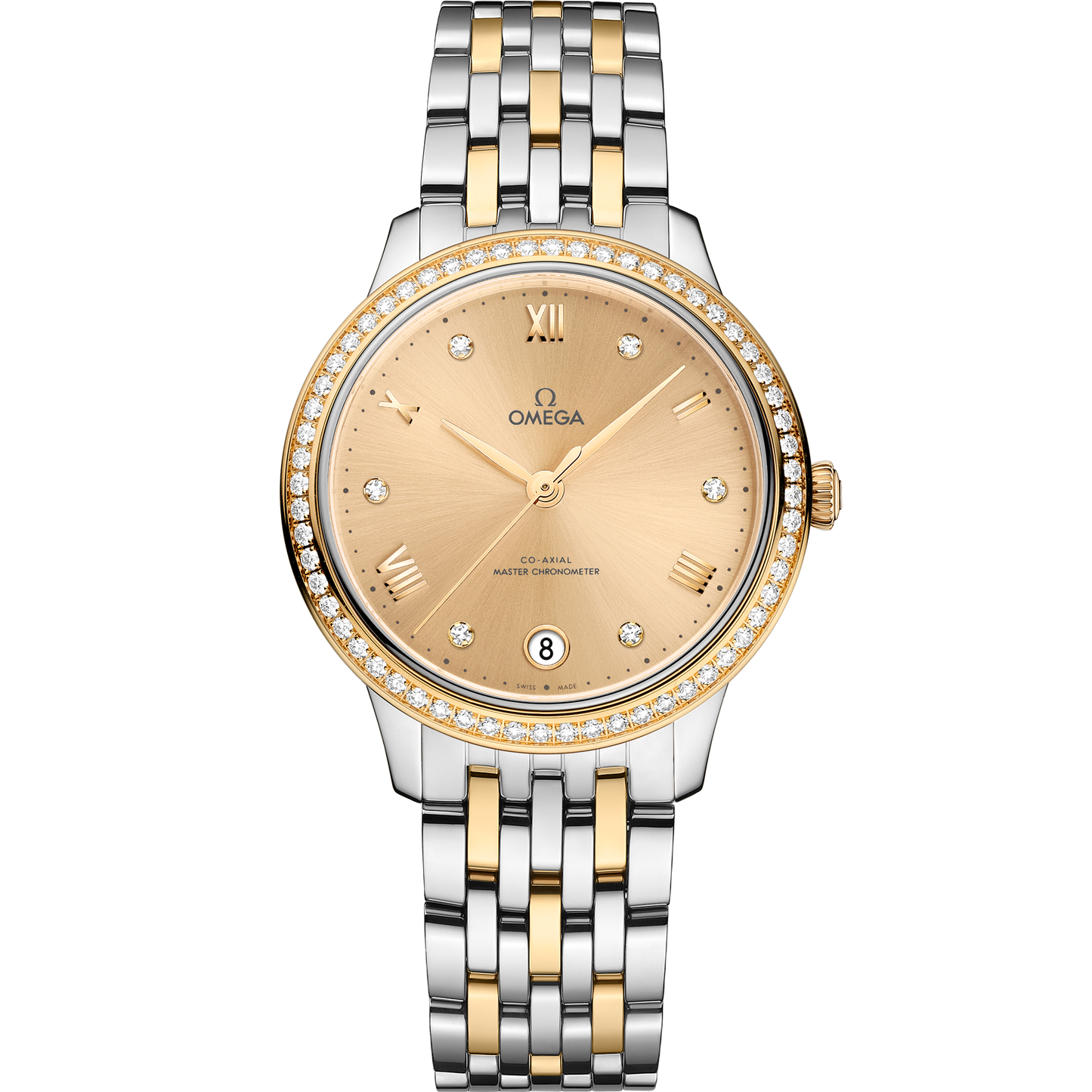 Unworn, Omega De Ville Prestige, Stainless Steel, 18k Yellow Gold and Diamond-set, 34 mm, Ref# 434.25.34.20.58.001