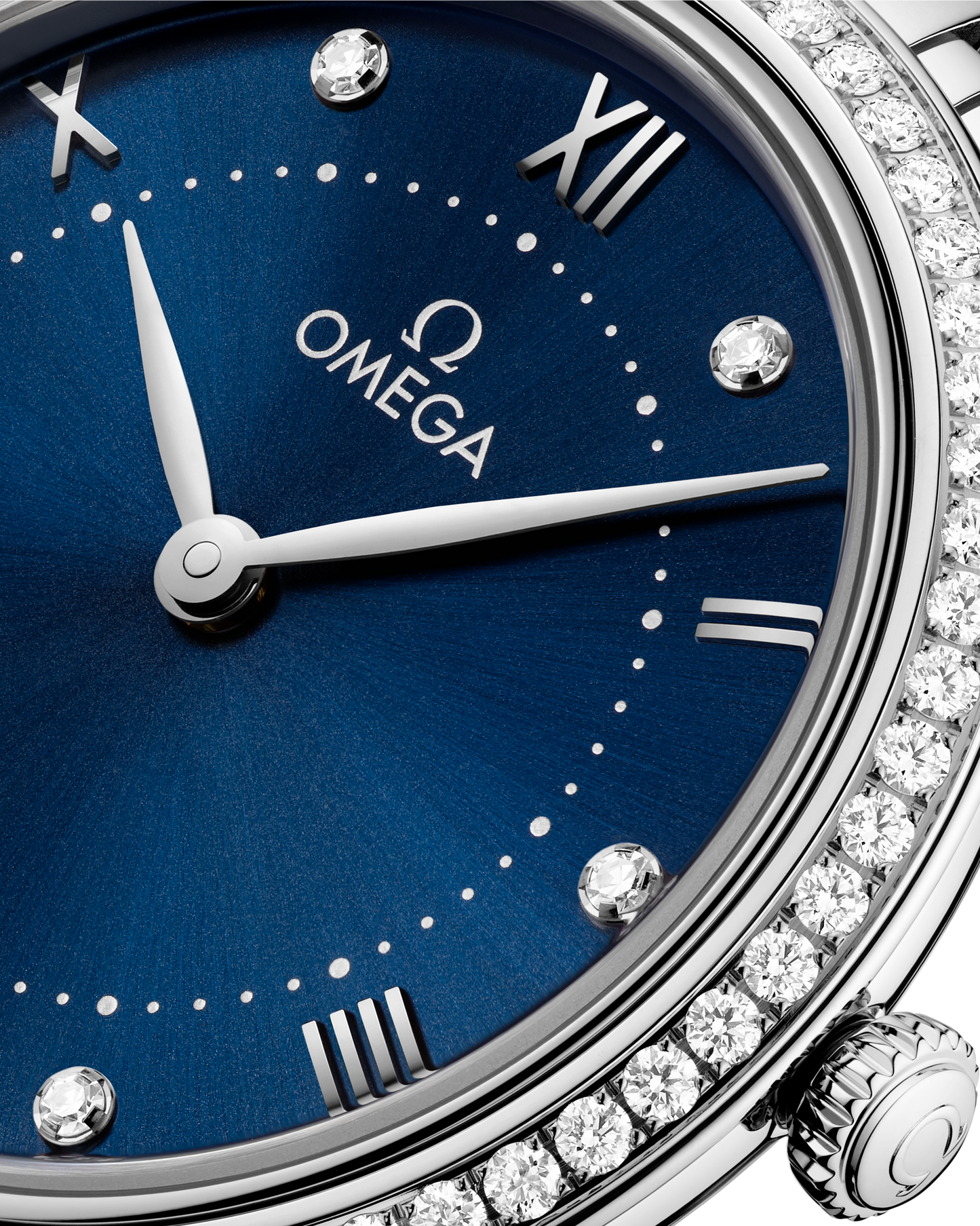 Unworn, Omega De Ville Prestige, Stainless Steel and Diamond-set, 30mm, Quartz, Ref# 434.15.30.60.53.001, Crown