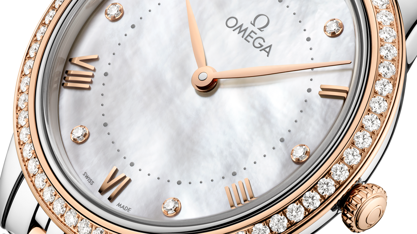 Unworn, Omega De Ville Prestige, Stainless Steel, 18k Sedna™ Gold and Diamond-set, 30 mm, Quartz, Ref# 434.25.30.60.55.001, Dial