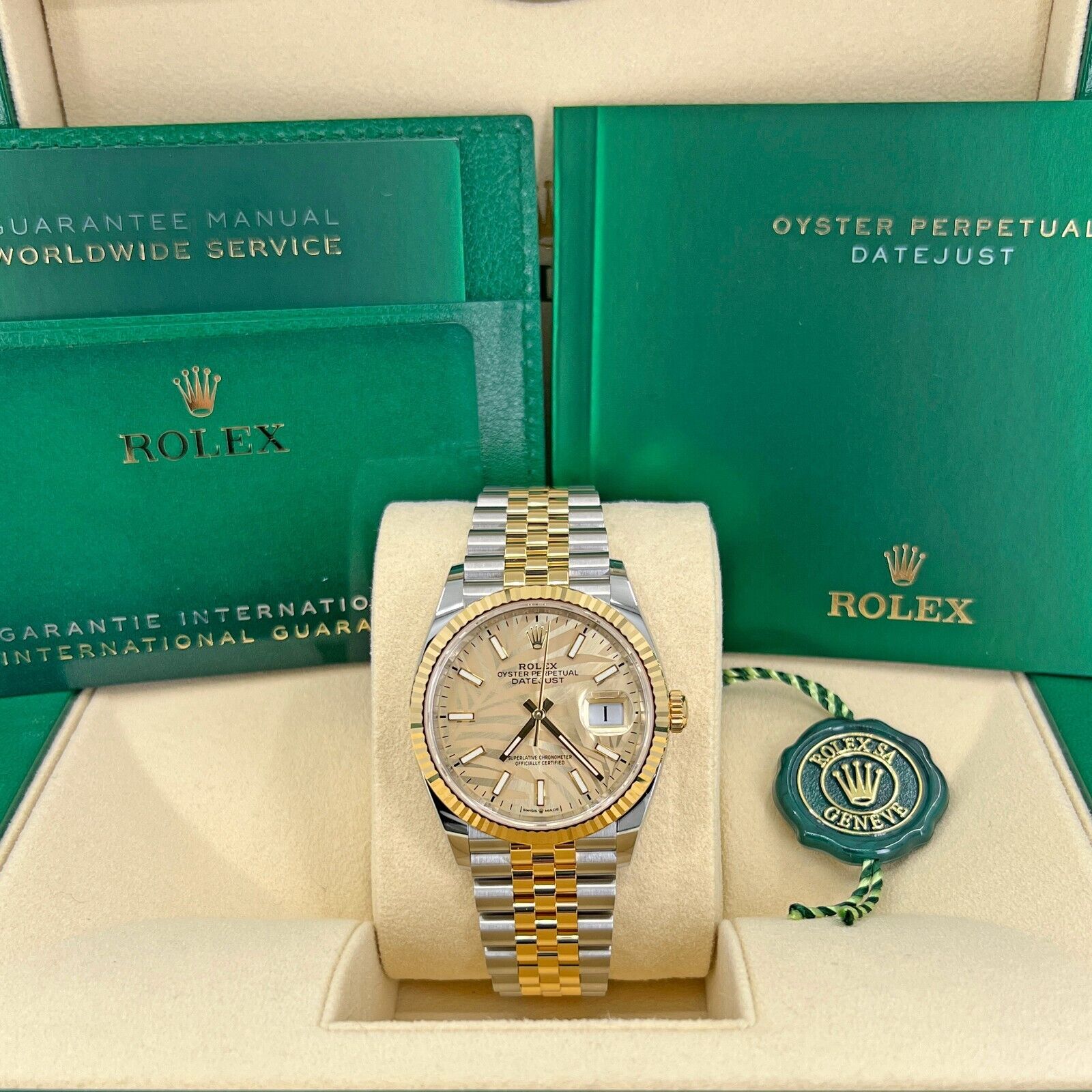 Rolex Datejust 36, 18K Yellow Gold and Stainless Steel, 36mm, Golden, Palm Motif Dial, Ref#126233-0037