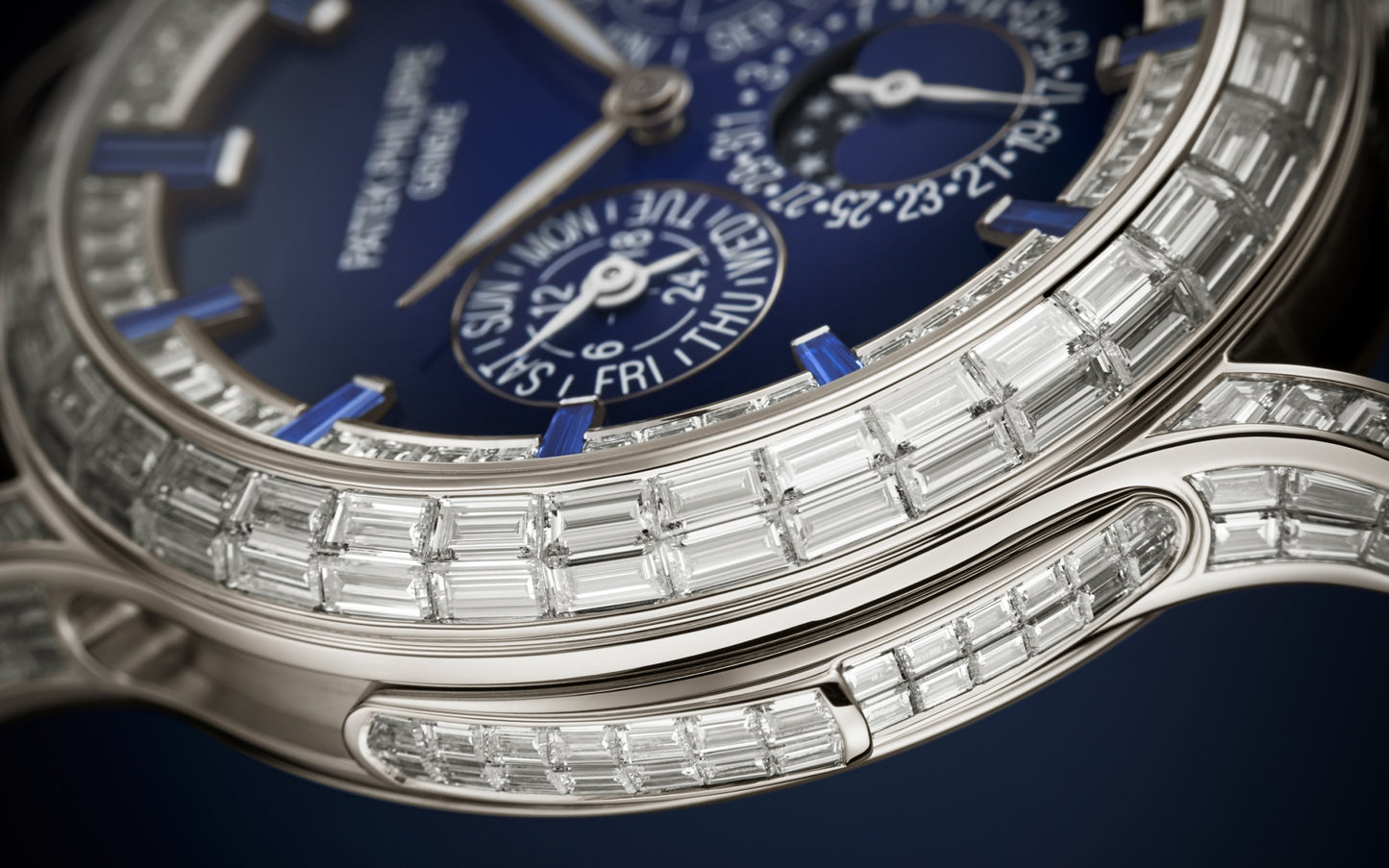 Patek Philippe Grand Complication, Platinum set with baguette diamonds and sapphires, 42mm, Ref# 5374/300P-001, Case
