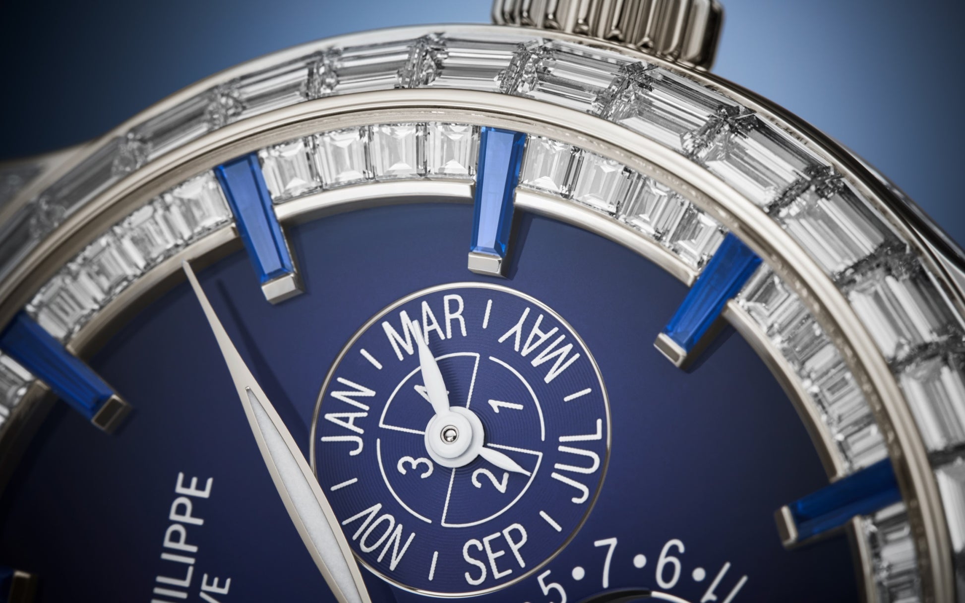 Patek Philippe Grand Complication, Platinum set with baguette diamonds and sapphires, 42mm, Ref# 5374/300P-001, Markers