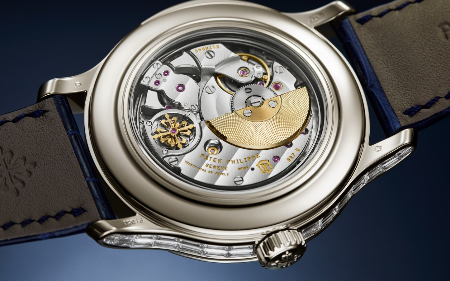Patek Philippe Grand Complication, Platinum set with baguette diamonds and sapphires, 42mm, Ref# 5374/300P-001, Back 1