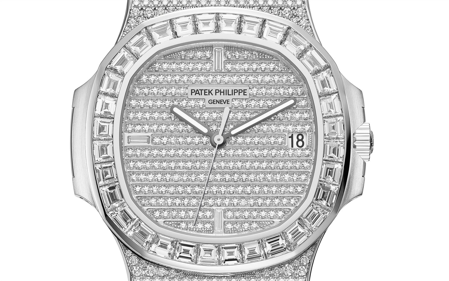 Patek Philippe Nautilus Date, Sweep Seconds Watch, 18k White Gold and 1,343 diamonds: ~18.73 ct., 40mm, Ref# 5719/10G-010, Dial