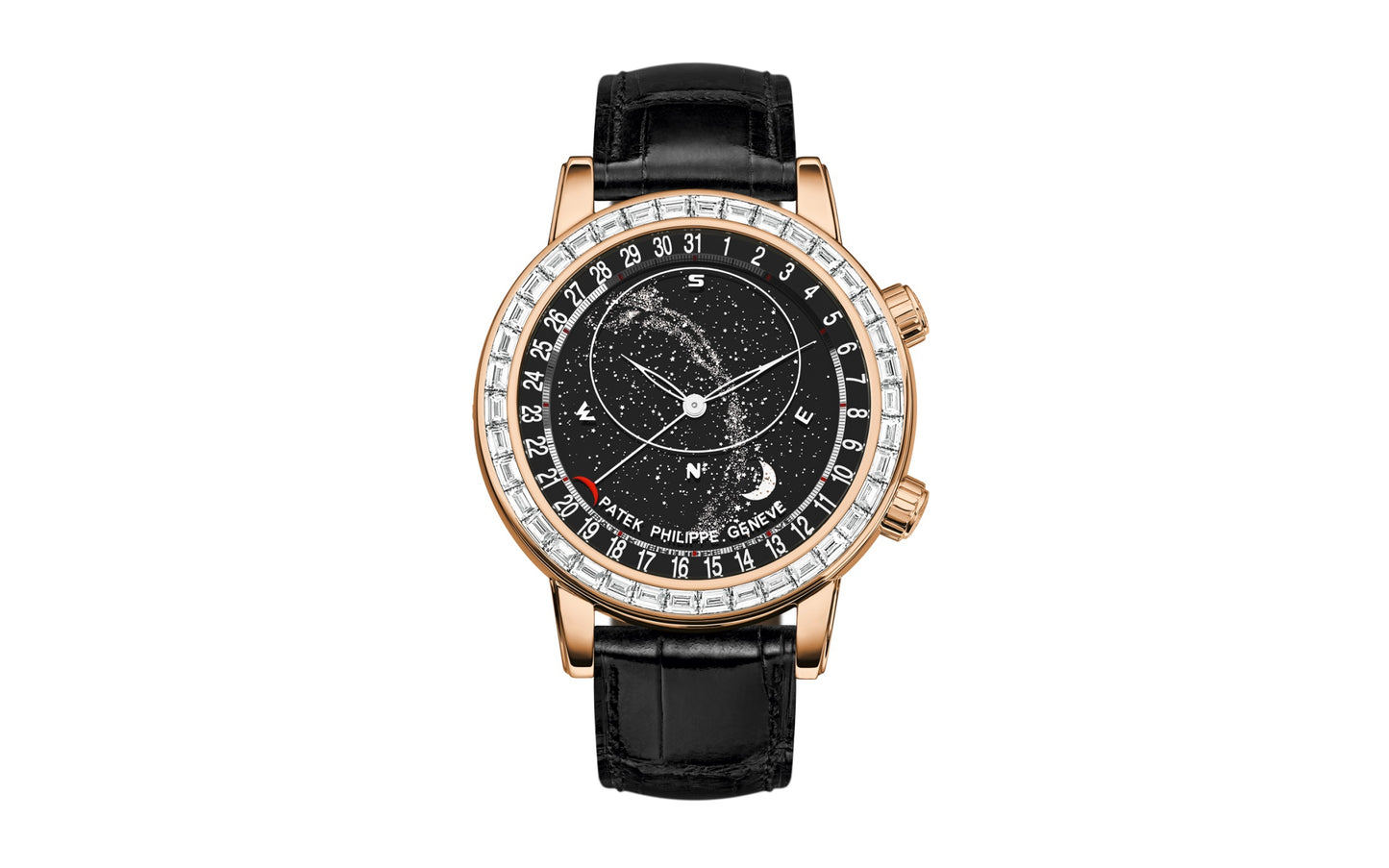 Patek Philippe Grand Complication, 18k Rose Gold set with baguette diamonds, 44mm, Astronomical, Ref# 6104R-001, 1