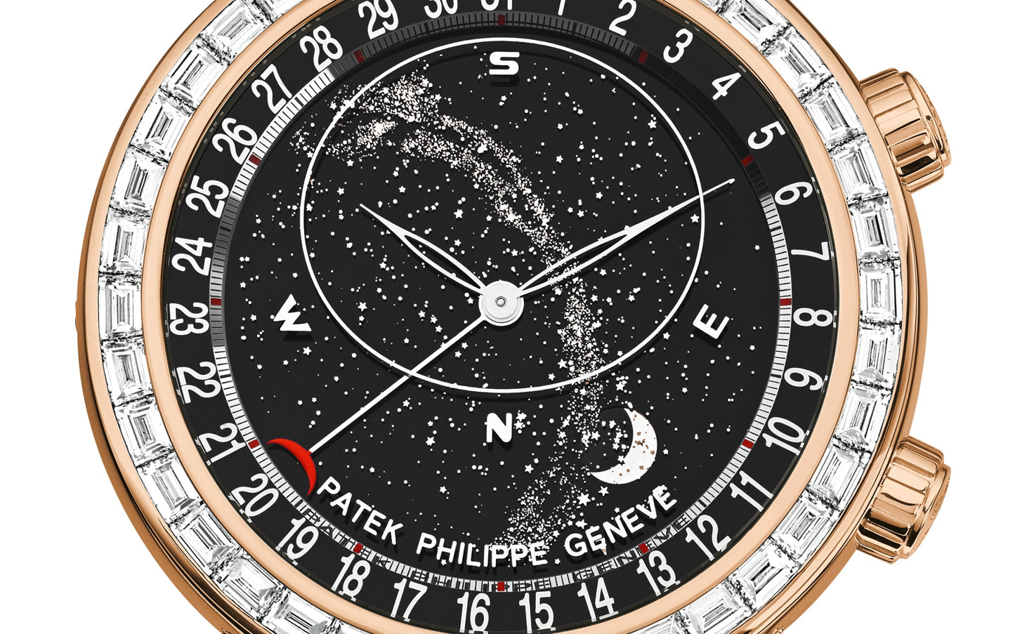 Patek Philippe Grand Complication, 18k Rose Gold set with baguette diamonds, 44mm, Astronomical, Ref# 6104R-001, Dial