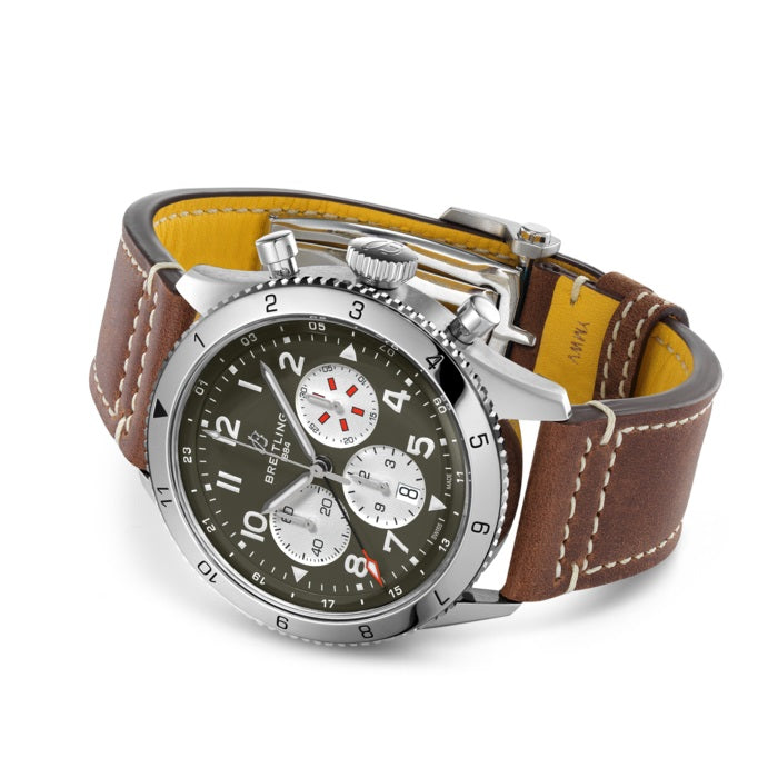 Side Breitling Super AVI B04 Chronograph GMT 46 Curtiss Warhawk Ref# AB04452A1L1X1