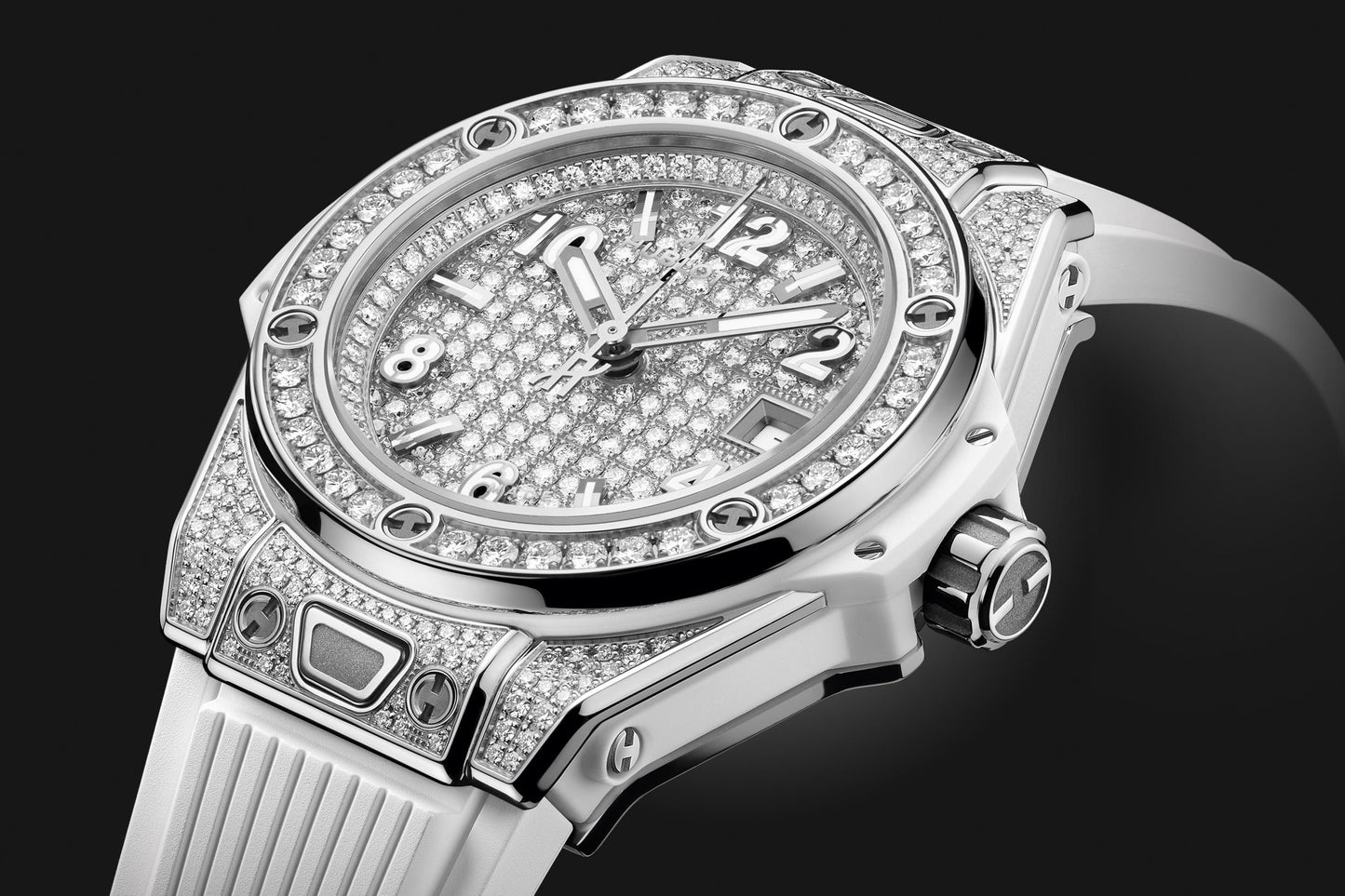 Side Hublot Big Bang ONE CLICK STEEL WHITE FULL PAVÉ Ref# 485.SE.9000.RW.1604