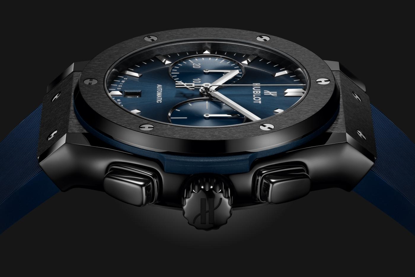 Side Hublot Classic Fusion Ceramic Blue Chronograph Ref# 521.CM.7170.RX