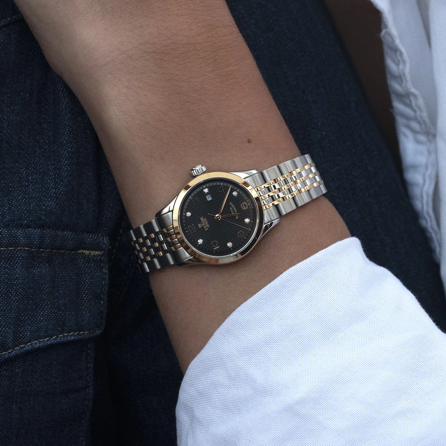 Tudor 1926, Stainless Steel and 18k Rose Gold with Diamond-set, 28mm, Ref# M91351-0004, Watch on hand