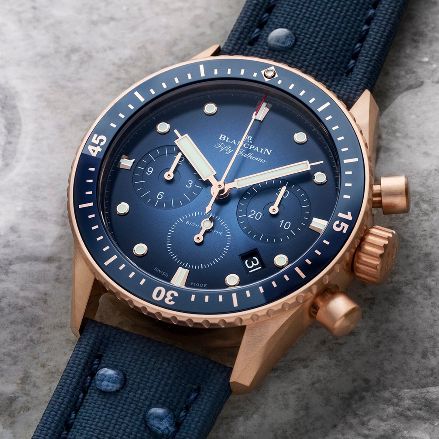Unworn Blancpain Fifty Fathoms Bathyscaphe Chronographe Flyback, 18k Red Gold, 43mm, Ref# 5200-3640-O52A, Main view 1