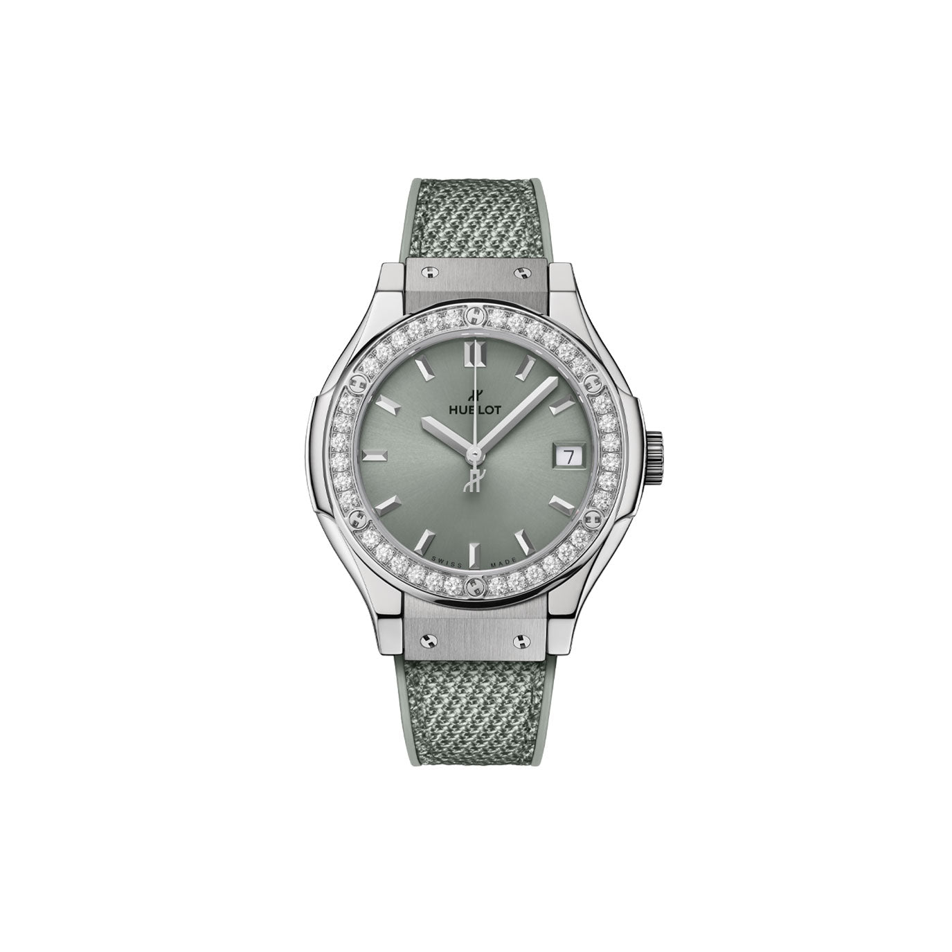 Unnworn, Hublot Classic Fusion Titanium Sage Green Diamonds, Ref# 581.NX.891G.NR.1104, box and papers.