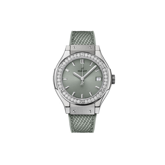 Unnworn, Hublot Classic Fusion Titanium Sage Green Diamonds, Ref# 581.NX.891G.NR.1104, box and papers.