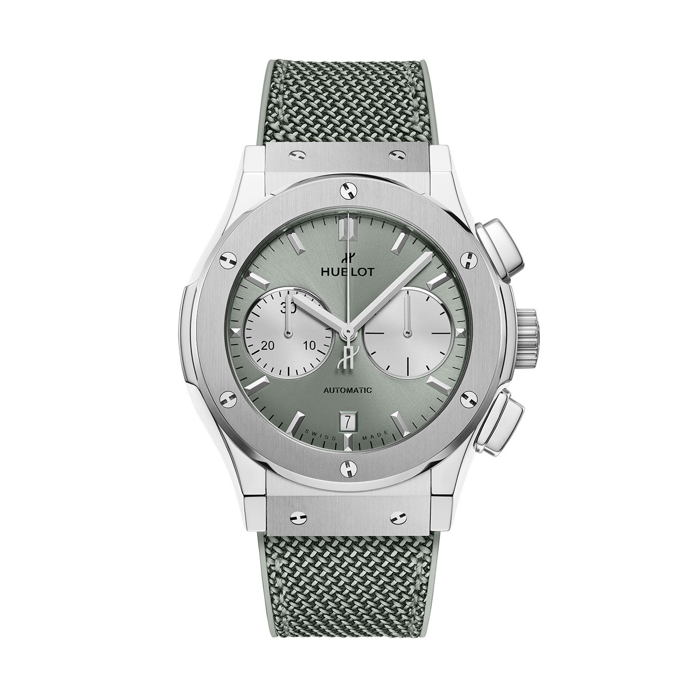 Unworn, Hublot Classic Fusion Chronograph Titanium Sage Green, Ref# 521.NX.891G.NR, box and papers.