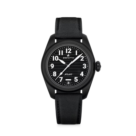 Black Zenith Pilot watch featuring a striped dial, bold hour markers, and a textured strap.