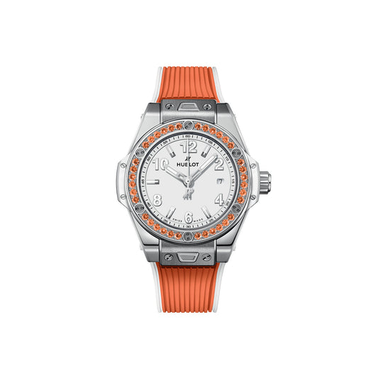 Unworn Hublot Big Bang One Click Joyful Steel Orange 33, 485.SO.2210.RX.1206, box and papers