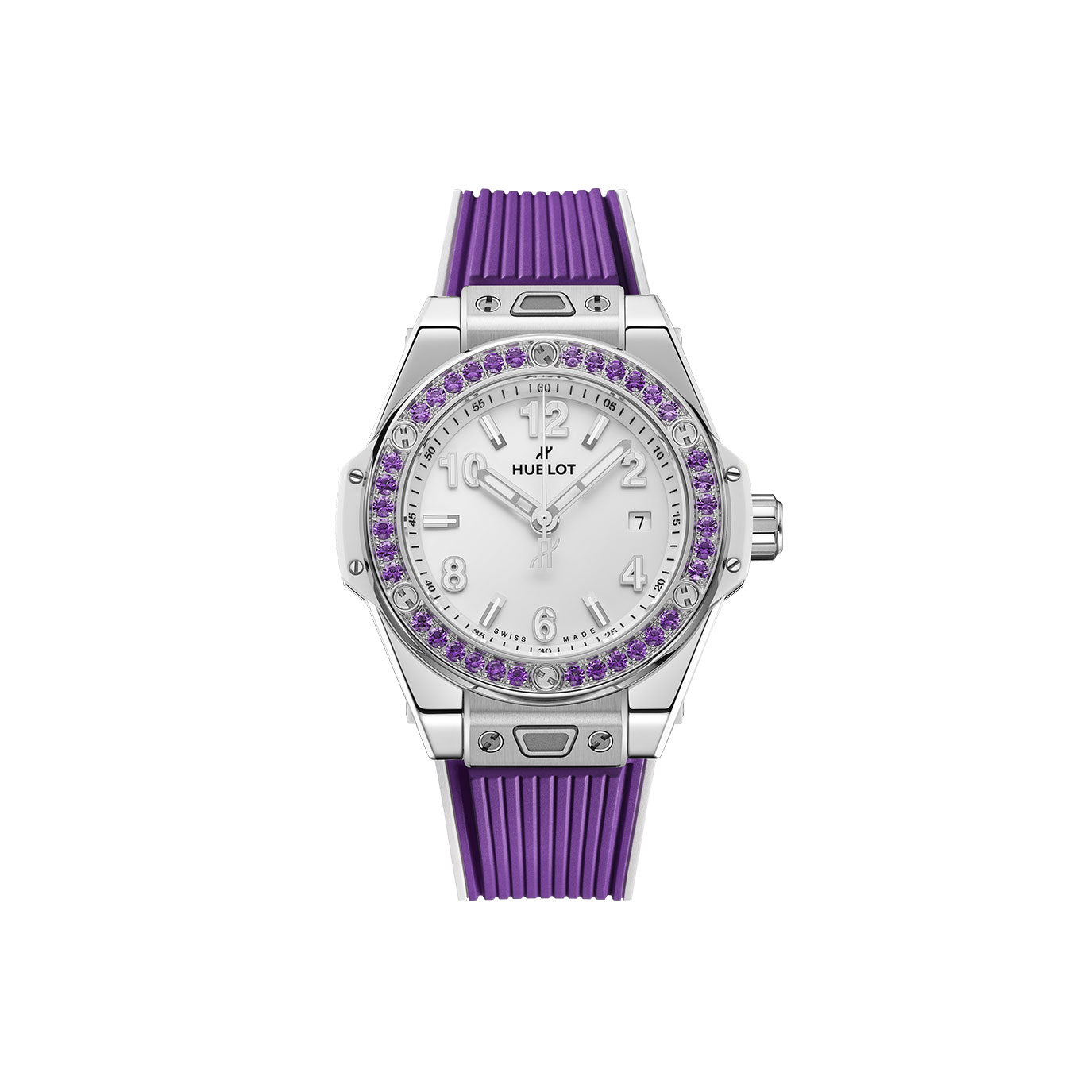 Unworn Hublot Big Bang Joyful Steel Purple, Ref# 485.SV.2210.RX.1205, box and papers.