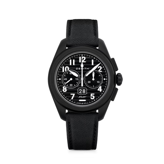 Black chronograph watch with white numerals and date display on a textured black strap.