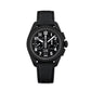 Black chronograph watch with white numerals and date display on a textured black strap.