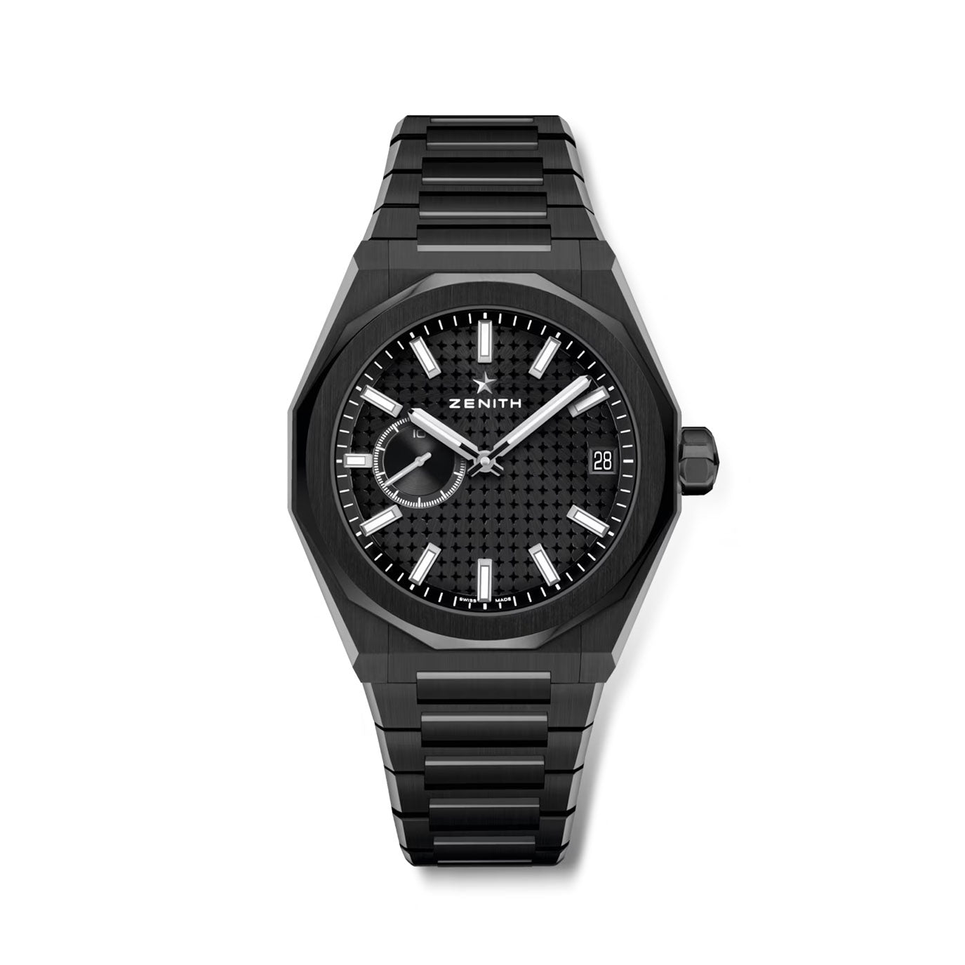Black Zenith watch with an octagonal case, textured dial, and silver hands. Date displayed at 3 o'clock.