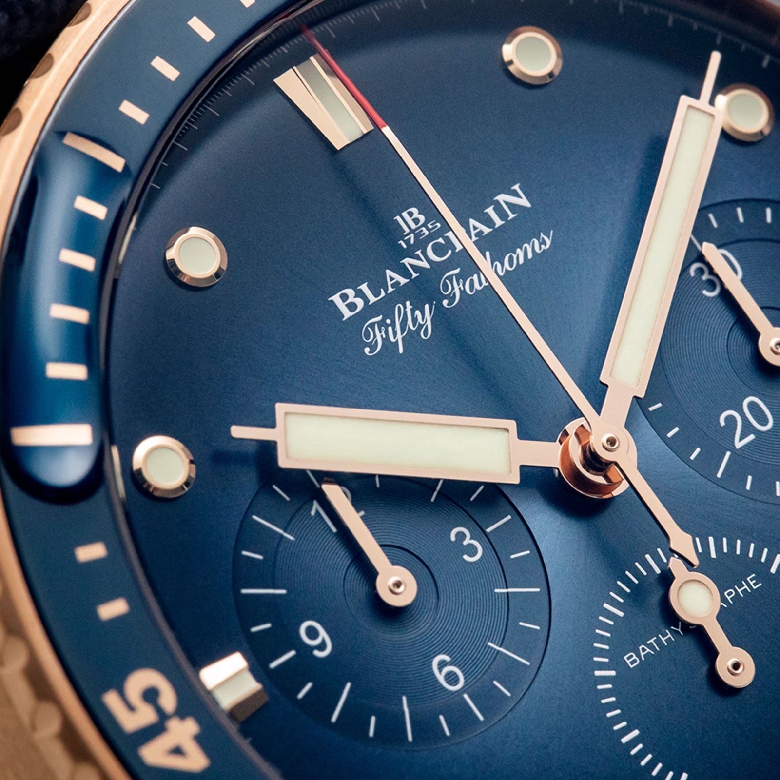 Unworn Blancpain Fifty Fathoms Bathyscaphe Chronographe Flyback, 18k Red Gold, 43mm, Ref# 5200-3640-O52A, gold hands