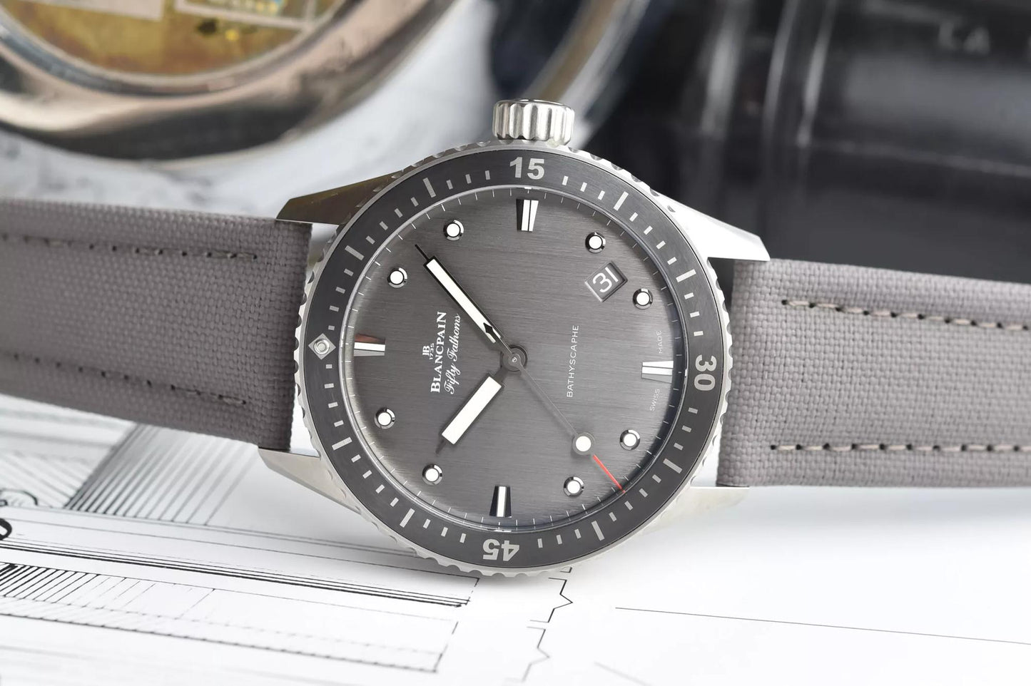 Unworn Blancpain Fifty Fathoms Bathyscaphe, Titanium and Ceramic, 43mm, Ref# 5000-1210-G52A, main view