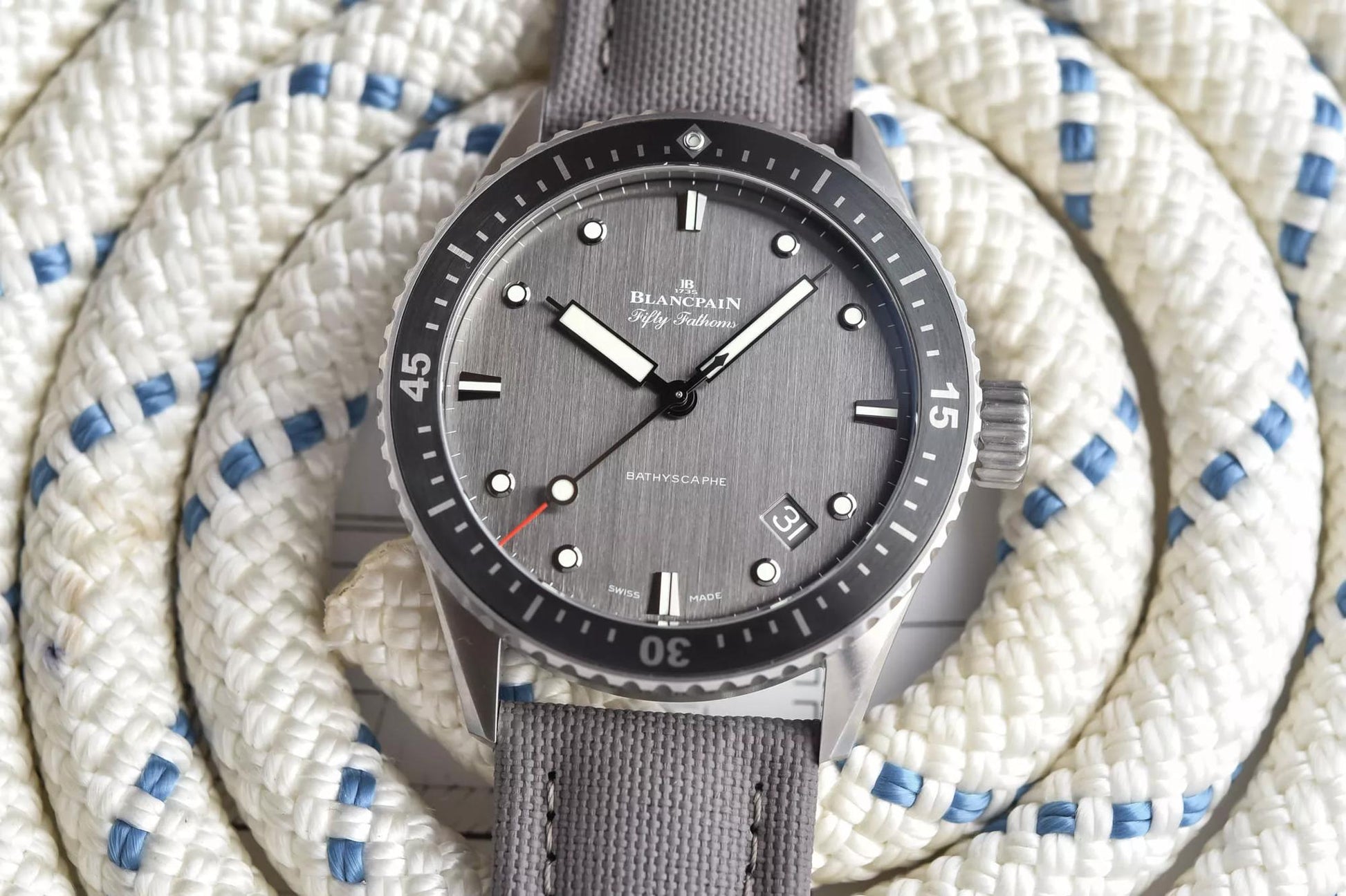 Unworn Blancpain Fifty Fathoms Bathyscaphe, Titanium and Ceramic, 43mm, Ref# 5000-1210-G52A, main view 1