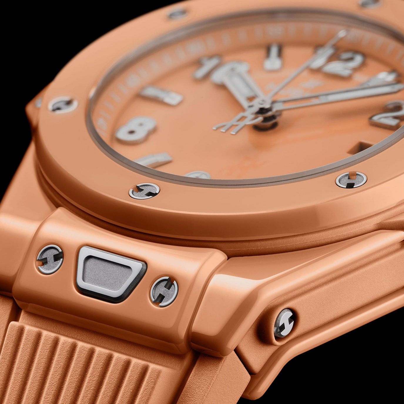 Unworn, Hublot Big Bang Peach Ceramic, Ref# 485.CUP.5920.RX, box and papers.