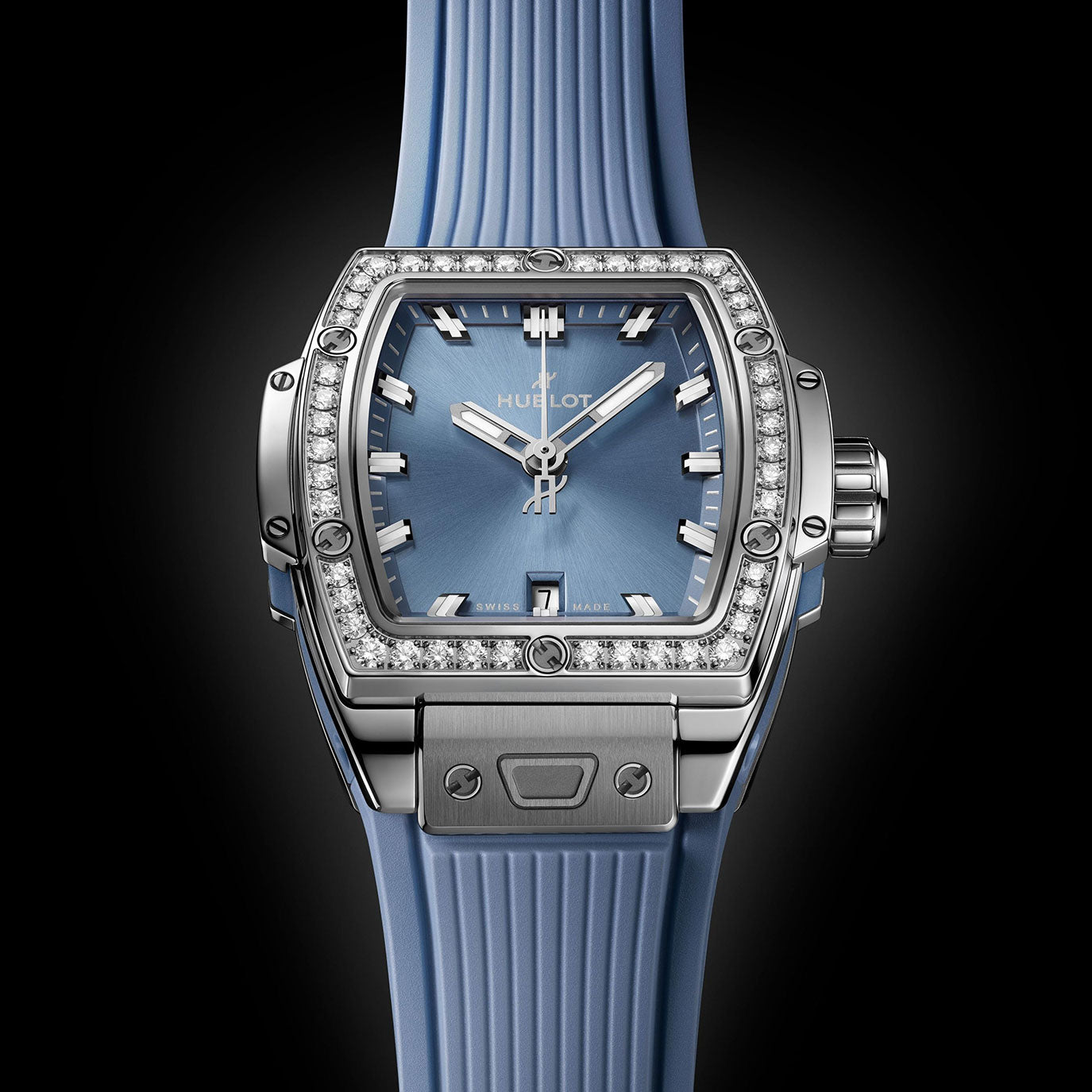 Unworn, Hublot Spirit of Big Bang Steel Coal Blue Diamonds, Ref# 682.SX.717B.RX.1204, box and papers.