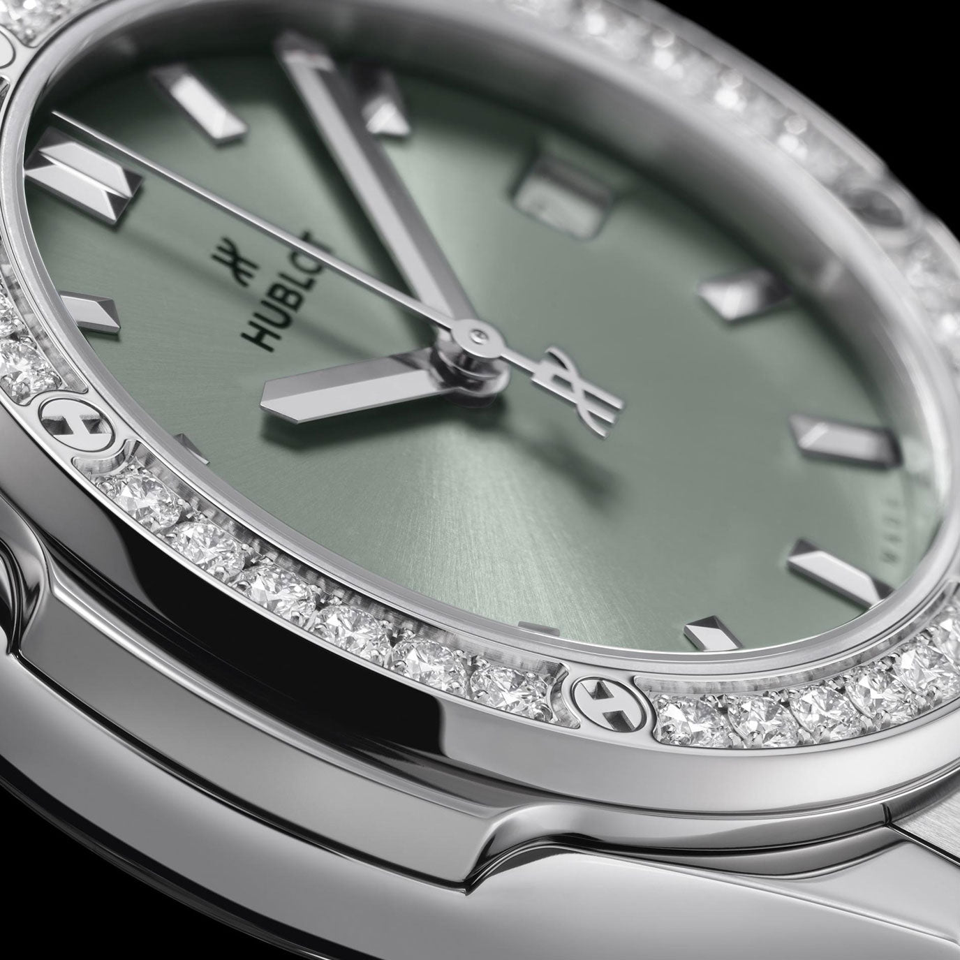 Unnworn, Hublot Classic Fusion Titanium Sage Green Diamonds, Ref# 581.NX.891G.NR.1104, box and papers.
