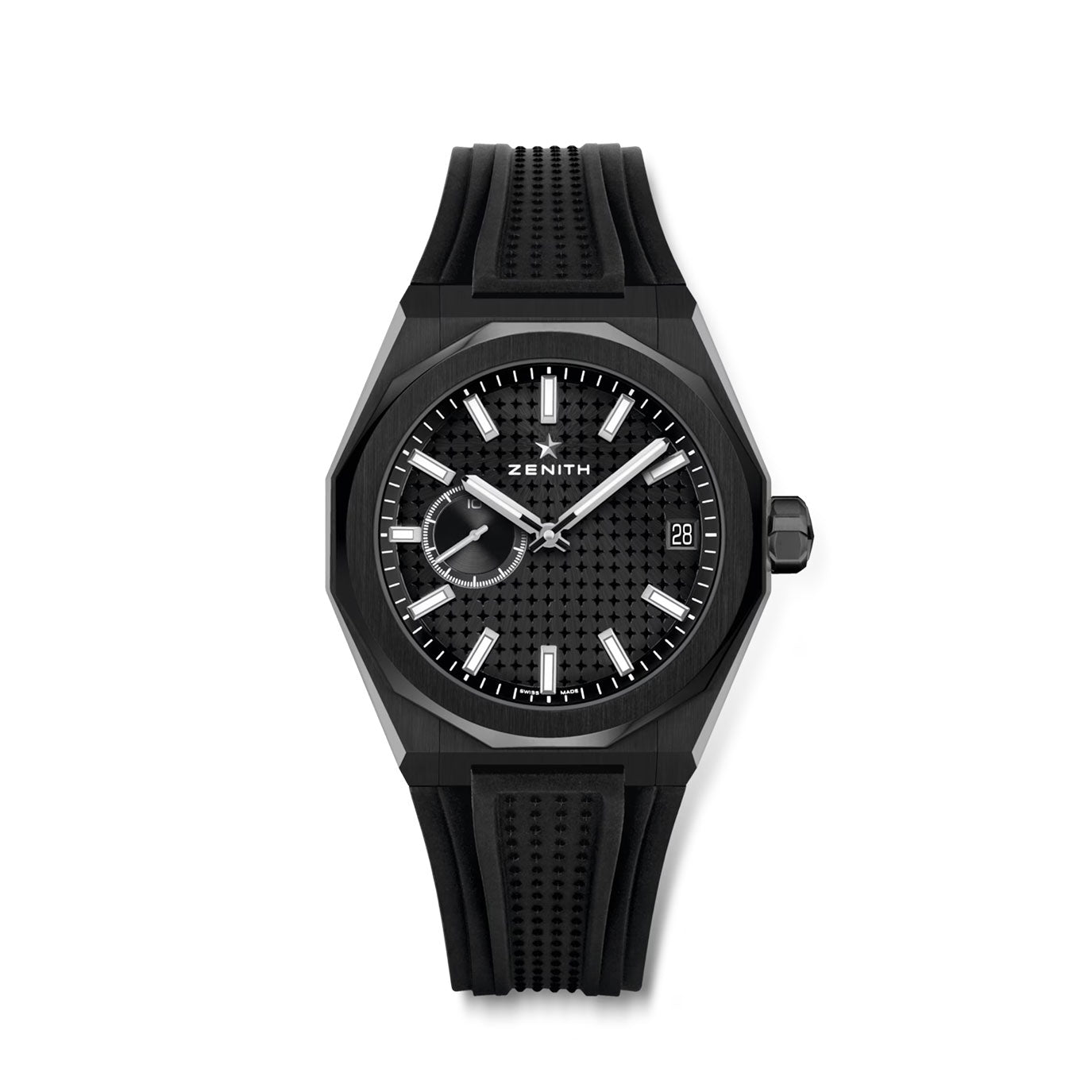 Black Zenith watch with a textured dial, luminous hands, and a rubber strap.