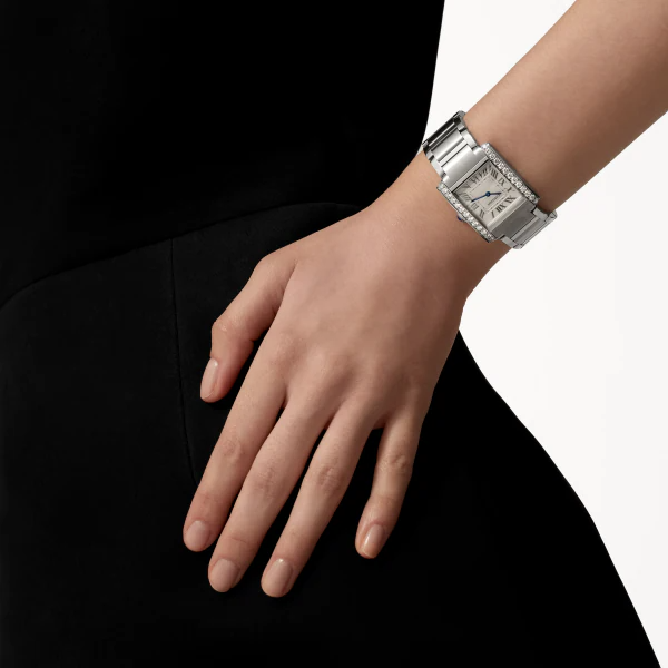 Unworn Cartier Tank Francaise, Stainless Steel, Diamonds, 32mm x 27mm, Ref# W4TA0021, watch on hand 2