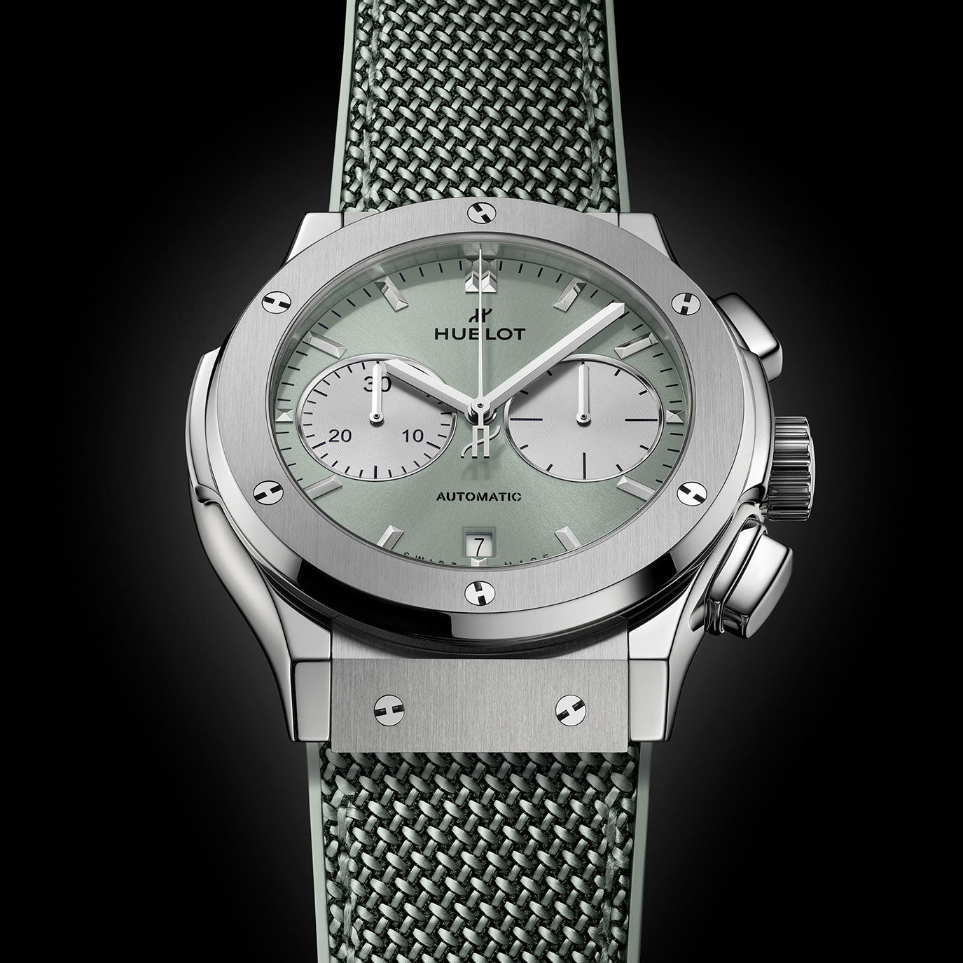 Unworn, Hublot Classic Fusion Chronograph Titanium Sage Green, Ref# 521.NX.891G.NR, box and papers.