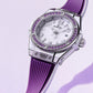 Unworn Hublot Big Bang Joyful Steel Purple, Ref# 485.SV.2210.RX.1205, box and papers.