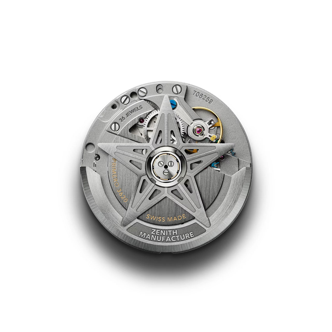 Mechanical watch movement featuring a star-shaped rotor and intricate components.